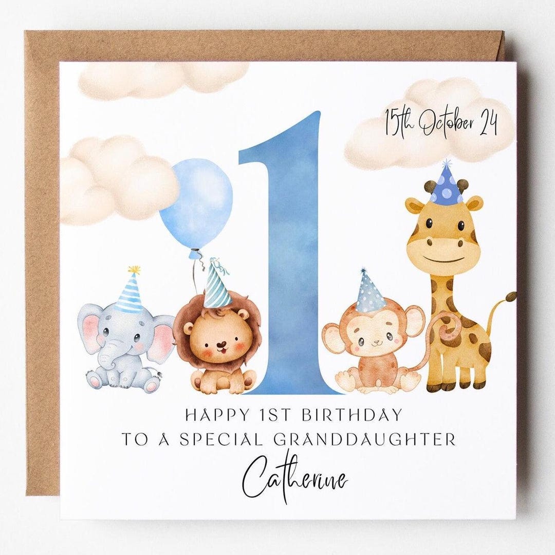 PRINTABLE Blue 1st Birthday Card, Cute Animals Birthday Card ...