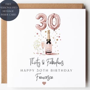 Champagne 30th Birthday Card, Thirty and Fabulous, Pink Balloons, Champagne Glasses, Gift For Her, Personalised Name
