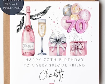 Pink Champagne 70th Birthday Card: Personalized Balloons