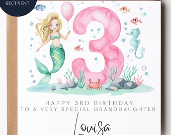 Personalized Granddaughter 3rd Birthday Card: Mermaid Ocean Theme