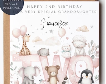 Granddaughter 2nd Birthday Card: Pink Zoo Animals, Personalized