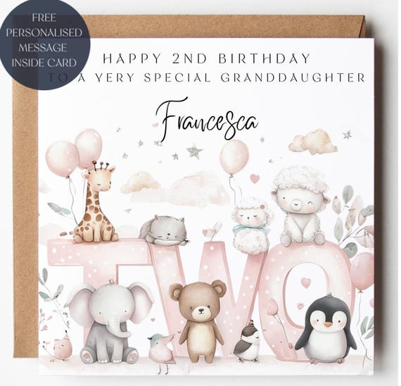 Granddaughter 2nd Birthday Card: Pink Zoo Animals, Personalized