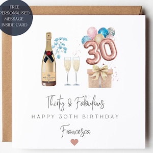 Champagne 30th Birthday Card, Rose Gold Balloons, Thirty and Fabulous, Personalised Name, Happy Birthday