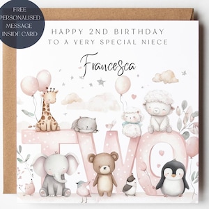 Niece 2nd Birthday Card, Pink Cute Animals, Personalised Name, Gift For Her, Two Today, Zoo Animals