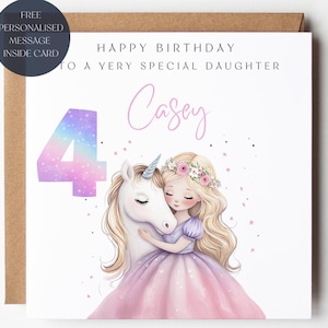 Daughter Unicorn Birthday Card, Any Age, Rainbow Colours, Magical Pony, Gift For Her, Personalised Name, 2nd 3rd 4th 5th 6th 7th 8th