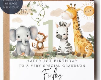 Grandson Safari 1st Birthday Card, Safari Animals, Cute Jungle Animals, One Today,Personalised Name