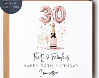Cartão de aniversário personalizado de 30 anos: Champanhe e balões rosa