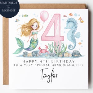 Granddaughter Personalised Mermaid 4th Birthday Card, Sea lover Ocean, Pink Rainbow, Gift For Her