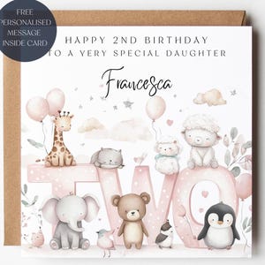 Daughter 2nd Birthday Card, Pink Cute Animals, Personalised Name, Gift For Her, Two Today, Zoo Animals