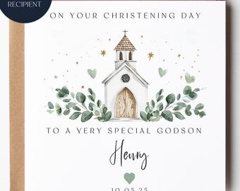 Personalized Godson Christening Card: Greenery Church Design