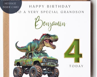 Grandson Birthday Card: Dinosaur Monster Truck, Personalized Age