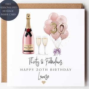Champagne 30th Birthday Card, Thirty and Fabulous, Pink Balloons, Champagne Glasses, Gift For Her, Personalised Name