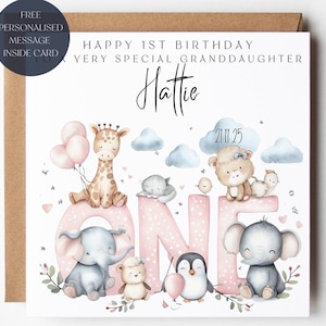 May include: A birthday card for a granddaughter with the text "Happy 1st Birthday Very Special Granddaughter" and the name "Hattie". The design includes animal illustrations, pink balloons, and the number "ONE". The date 21.11.25 is also visible.