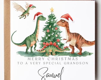Grandson Dinosaur Christmas Card: Santa Hats, Personalized