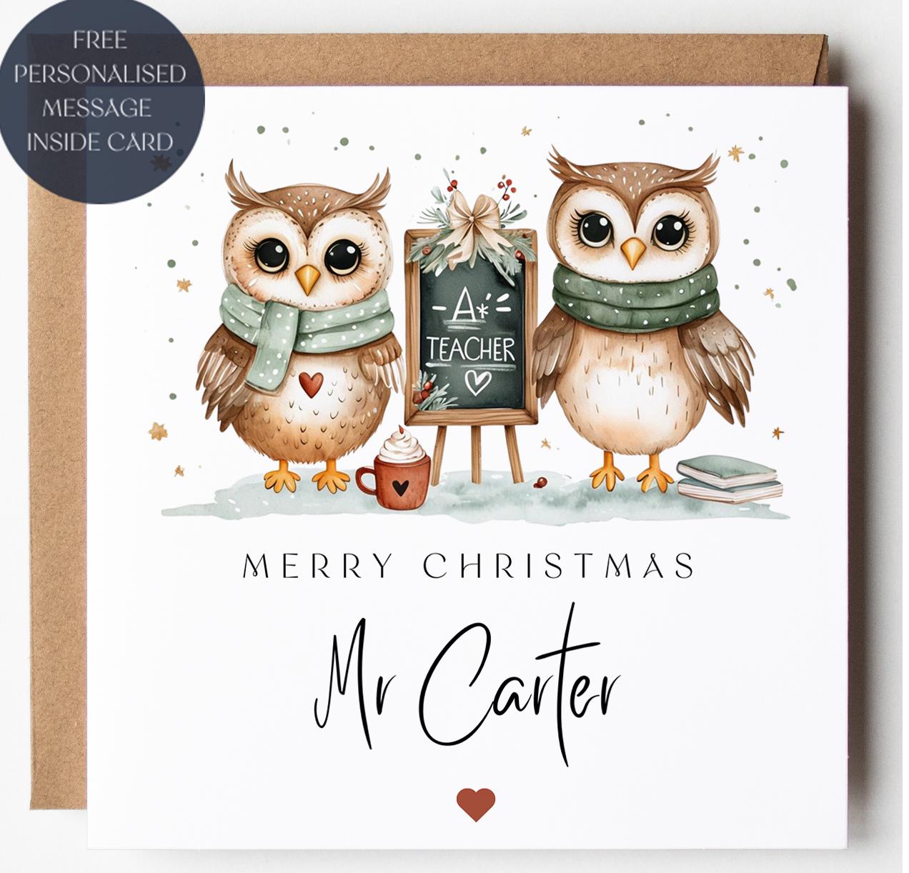 Personalized Teacher Christmas Card, Owl Classroom Design