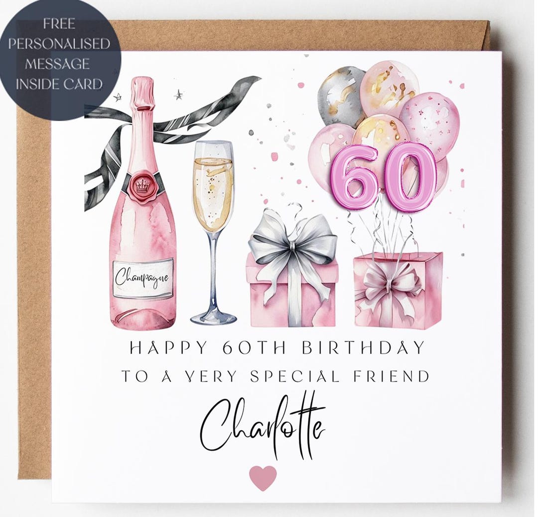 Handgefertigte Geburtstagskarte Zum 60. – Mit Strass & Glitzer, Pink Champagne Design, Inkl. Umschlag