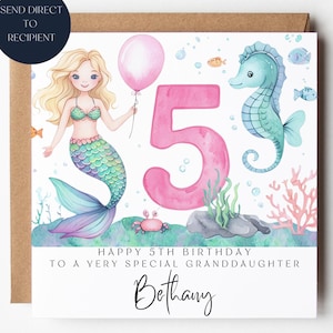 Granddaughter Personalised Mermaid 5th Birthday Card, Sea lover Ocean, Pink Rainbow, Gift For Her