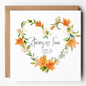 Floral Heart Wedding Card, Personalised Anniversary Card, Orange Flower Card, Newly Weds, Wedding Date Card, Husband, Wife, Couple, Guests
