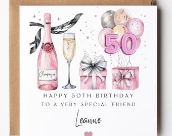 Pink Champagne 50th Birthday Card: Personalized Balloons