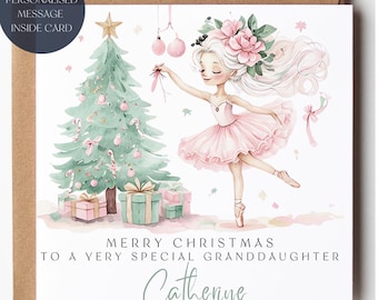 Pode incluir: Um cartão de Natal com uma ilustração em aquarela de uma bailarina em tutu rosa e uma árvore de Natal. O cartão diz "Feliz Natal para uma neta muito especial" e inclui o nome "Catherine".