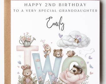 Granddaughter 2nd Birthday Card: Pastel Woodland Animals