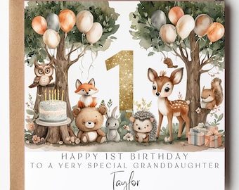 Granddaughter 1st Birthday Card, Woodland Animals, Forest Party