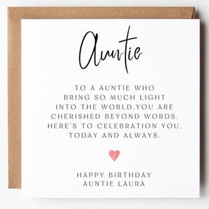 May include: A square white greeting card with a brown envelope featuring the black script text Auntie at the top, followed by the message TO A AUNTIE WHO BRING SO MUCH LIGHT INTO THE WORLD, YOU ARE CHERISHED BEYOND WORDS. HERE'S TO CELEBRATION YOU. TODAY AND ALWAYS. A small pink heart icon sits above the text HAPPY BIRTHDAY AUNTIE LAURA.
