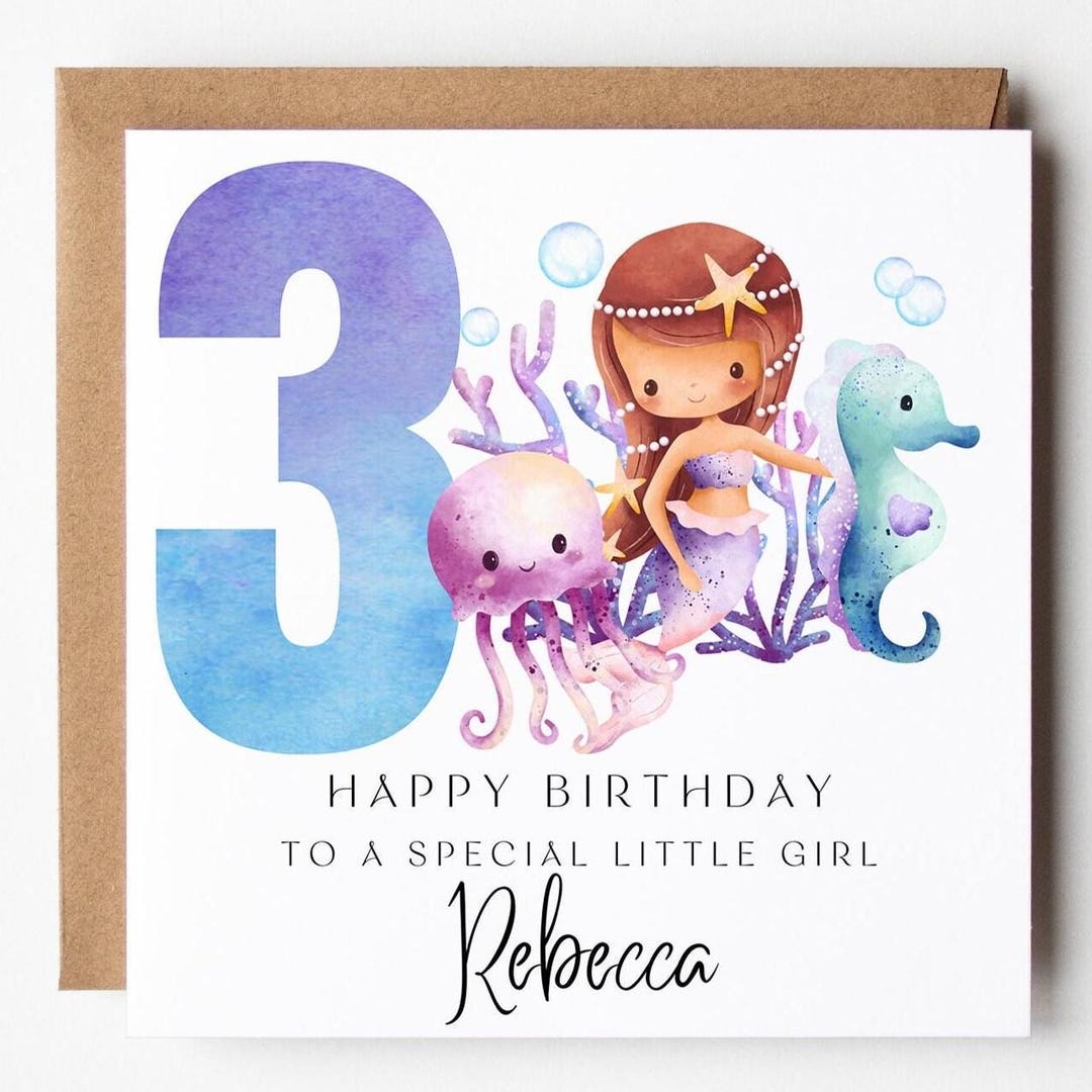 PRINTABLE Mermaid Birthday Card, Personalised Name, Under the Sea Card, 1st, 2nd,3rd,4th, 5th ...