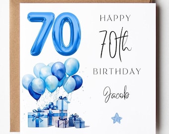May include: A birthday card with a brown envelope. The card features a large blue number 70 balloon, a cluster of blue balloons, and wrapped gifts. Text reads "Happy 70th Birthday Jacob."