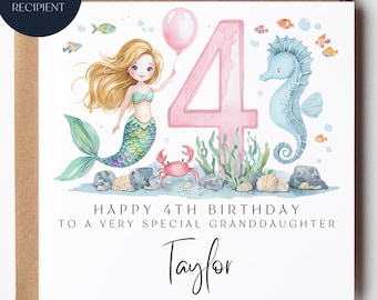Personalized Granddaughter 4th Birthday Card: Mermaid Ocean Theme