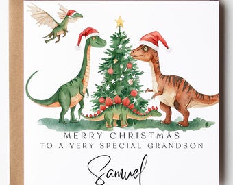 Grandson Dinosaur Christmas Card: Santa Hats, Personalized
