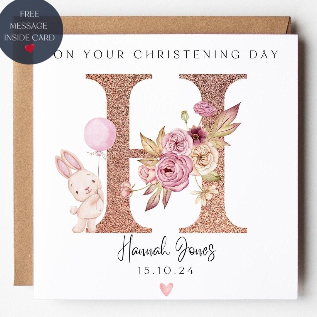 Personalized Christening Card: Pink Rabbit, Glitter Letter & Floral ...