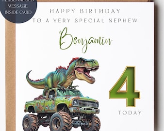 Nephew Birthday Card: Dinosaur Monster Truck, Personalized