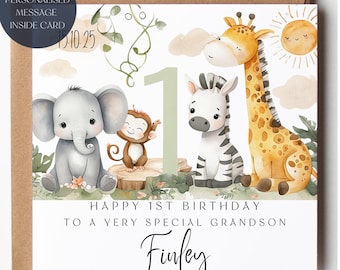 Grandson 1st Birthday Card: Safari Animals, Personalised Name