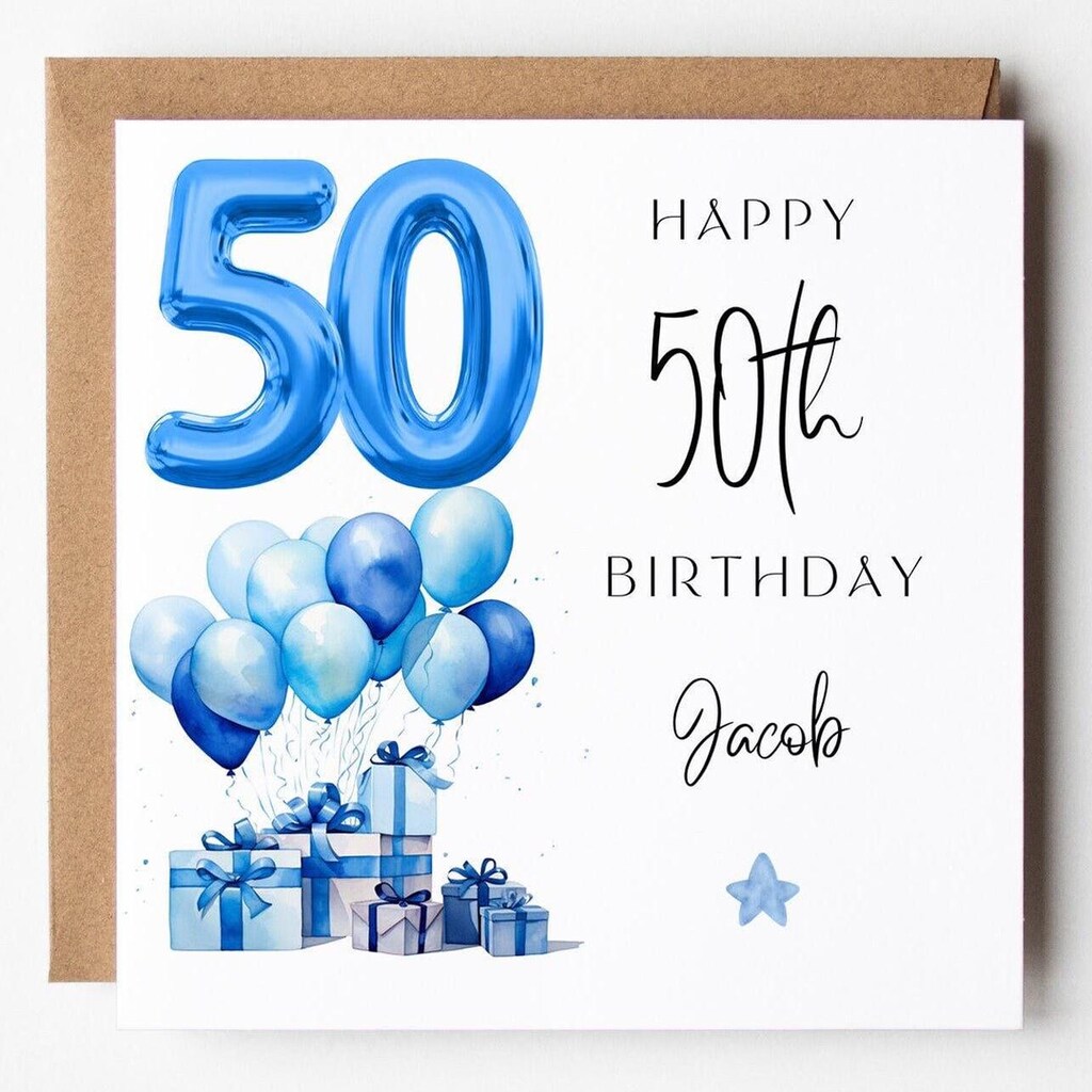 Biglietto Pop-up 3D Per 50° Compleanno - Con Palloncini, Festoni E Numeri - Con Busta Blu