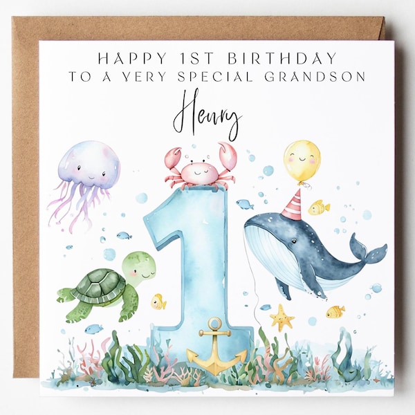 Biglietto di auguri per il primo compleanno del nipote: Animali marini, personalizzato