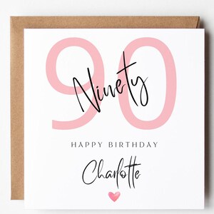 Personalised 90th Birthday Card, Ninety Card, Gift For Her, Pink Card, Personalised Name, Happy Birthday