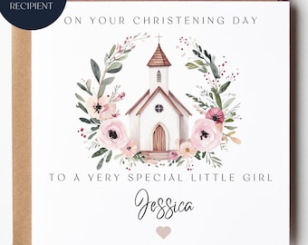 May include: A white christening card with a watercolor illustration of a church surrounded by a floral wreath. The card includes the text "On Your Christening Day" and "To A Very Special Little Girl" with the name "Jessica" and the date 10.07.25.