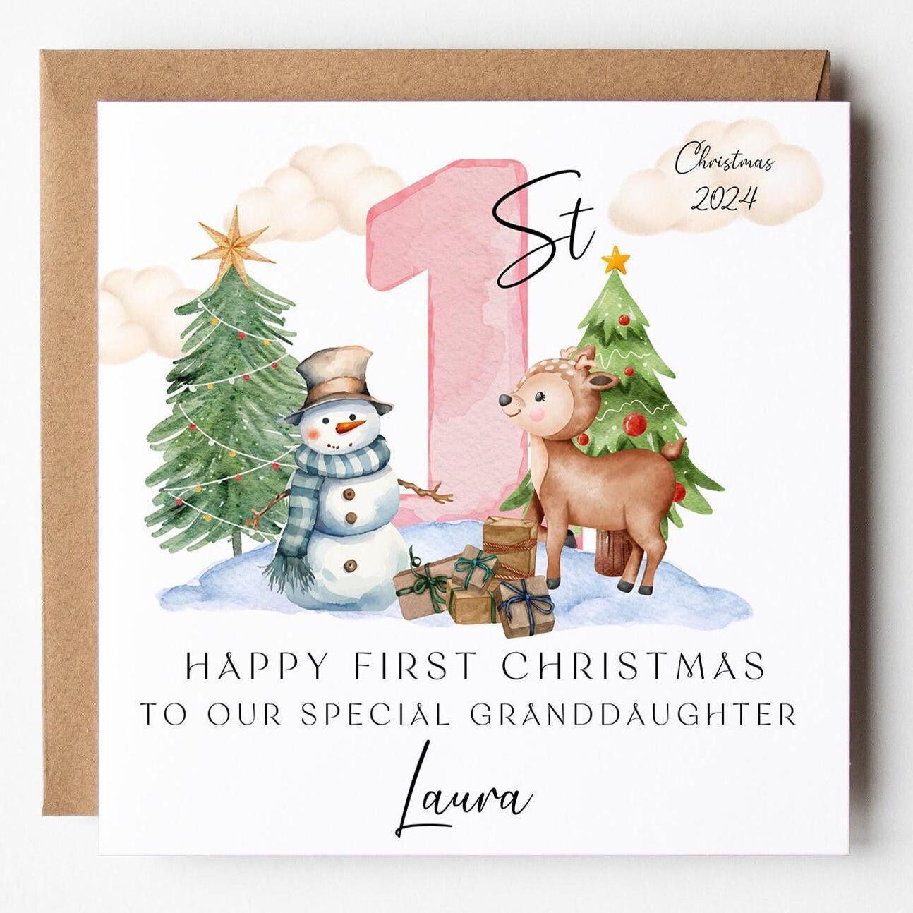孫娘への初めてのクリスマスカード：雪だるまとトナカイ - Etsy 日本