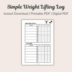 Peut inclure: Un journal d'entraînement de musculation imprimable avec des sections pour les exercices du haut du corps et du tronc, et les exercices du bas du corps. Le journal comprend des colonnes pour le jour de la semaine et pour chaque semaine du mois.