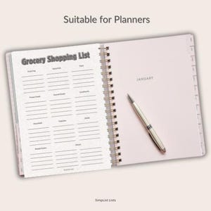 May include: Open spiral-bound planner with a grocery shopping list on the left page and a pink page with "January" printed on it. A silver pen rests on the right page. The text "Suitable for Planners" is at the top.