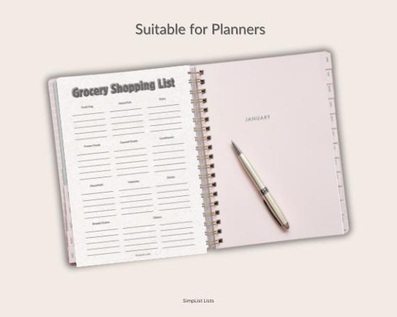 May include: Open spiral-bound planner with a grocery shopping list on the left page and a pink page with "January" printed on it. A silver pen rests on the right page. The text "Suitable for Planners" is at the top.