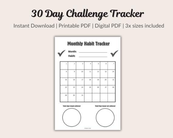 30 Day Challenge Tracker Template for Habit Building and Goal Setting - 2  Sizes (A4, A5, Letter) - Digital Download Habit Planner