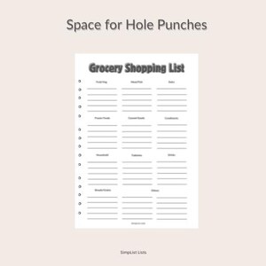 May include: A white grocery shopping list with pre-labeled categories and space for hole punches. The text "Grocery Shopping List" is at the top, with categories like "Fruit/Veg," "Meat/Fish," and "Dairy." The bottom of the list reads "Simplist Lists."
