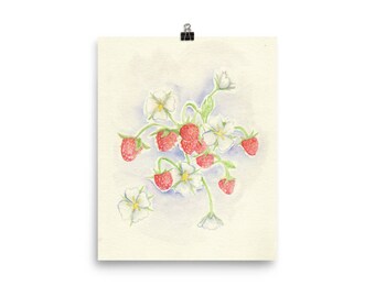 strawberry watercolor prints, watercolor painting, strawberry art, wall art, art prints, printful, home decor