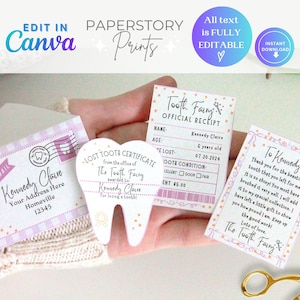 Printable Tooth Fairy Letter, Tooth Fairy Receipt, and Certificate, Purple Gingham with Envelope, Instant Download, Editable Canva Template