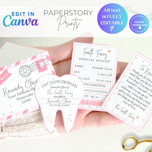 Printable Tooth Fairy Letter, Tooth Fairy Receipt, and Certificate, Pink with Envelope, Instant Download, Editable Canva Template