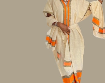 Habesha Cotton Coffee Dress with Scarf & Belt - Heritage Celebration