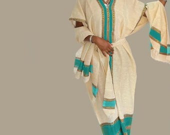 Ethiopian Buna Dress with matching Scarf: Casual Habesha Kemis