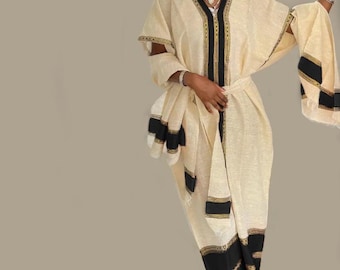 Ethiopian Cotton Coffee Dress with Scarf & Belt: Pantheress Buna Dress Habesha Celebration